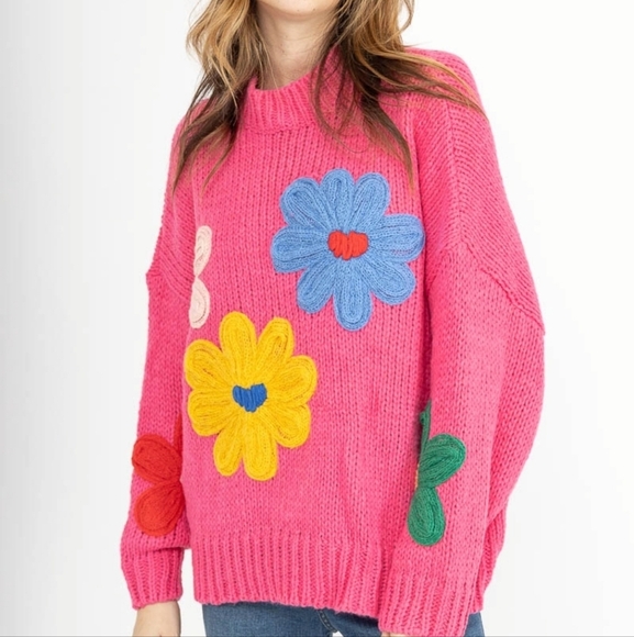 Llizabelle Womens Pink Crochet Floral Sweater Size S/M - Picture 3 of 8